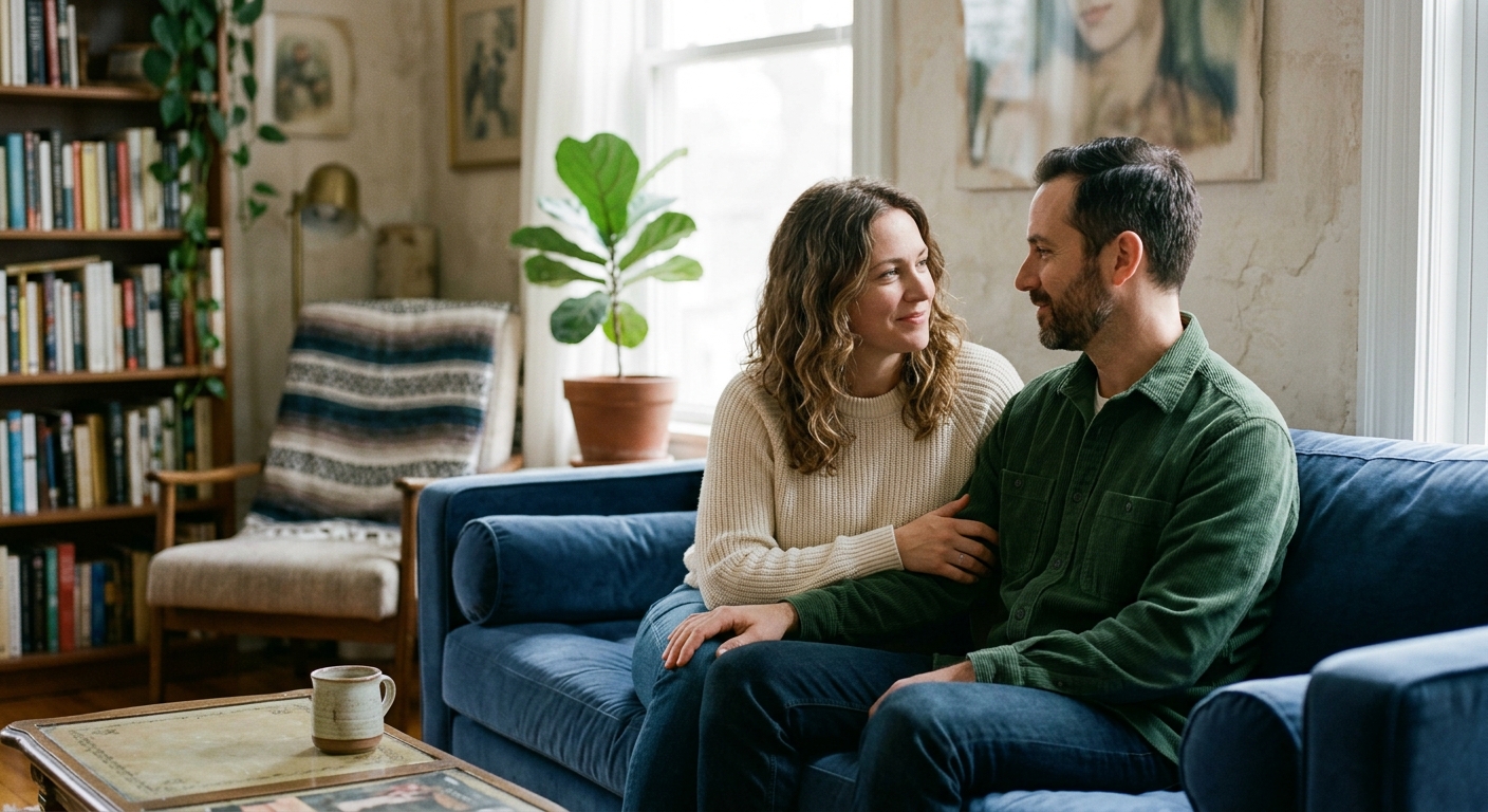 Couple sitting on sofa learning how to rebuild connection