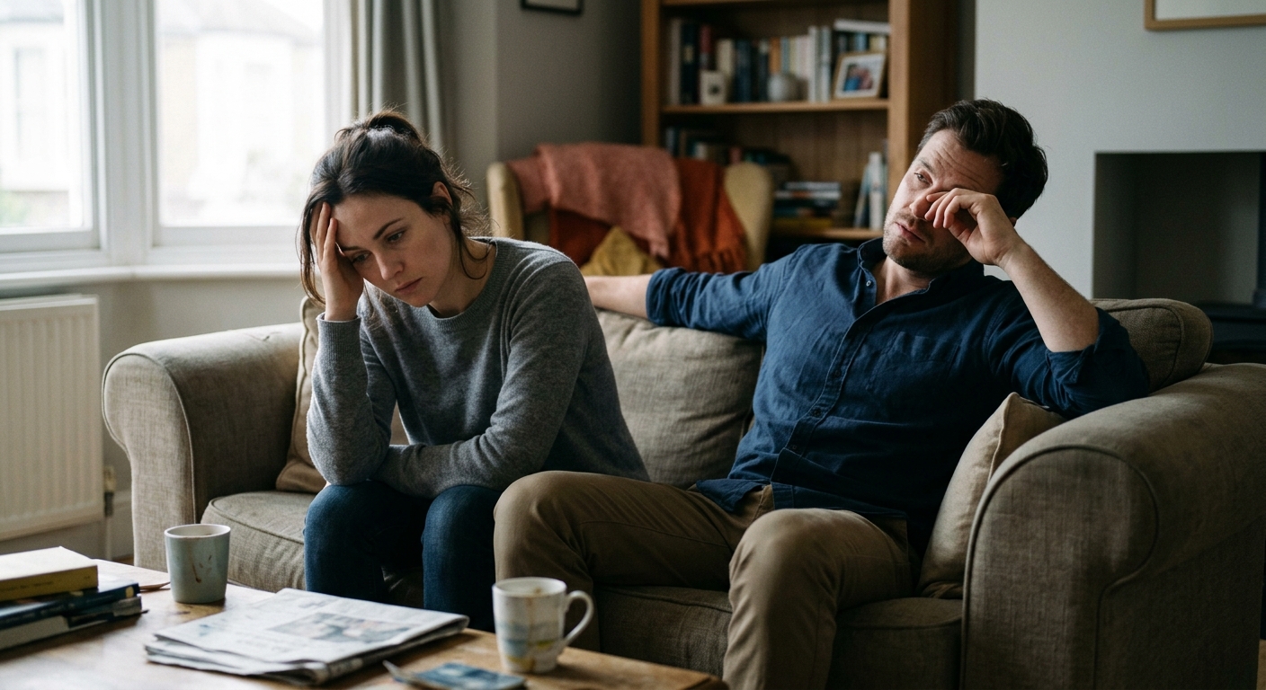 stressedcouple Couple sitting together quietly dealing with relationship burnout and stress